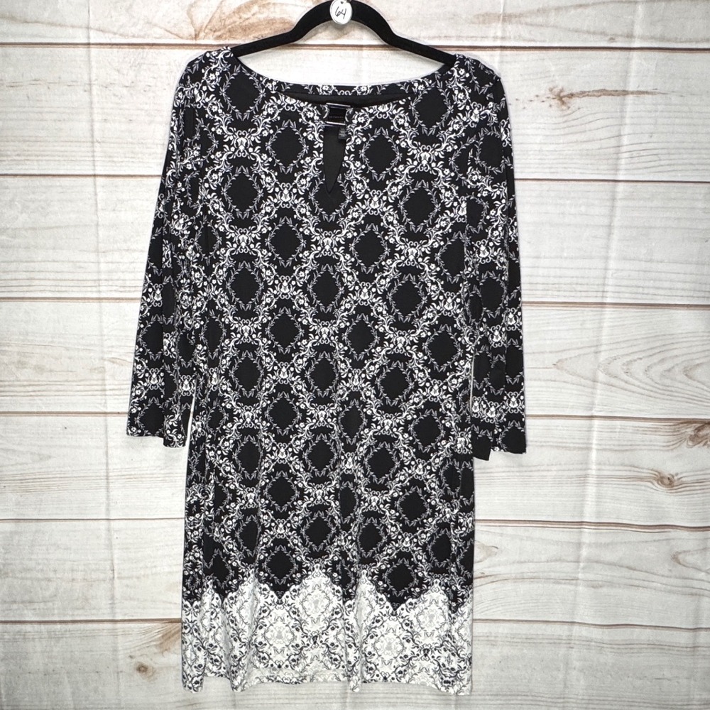 White House Black Market Black White Damask Sheath‎ Dress Metal Bar Keyhole L
